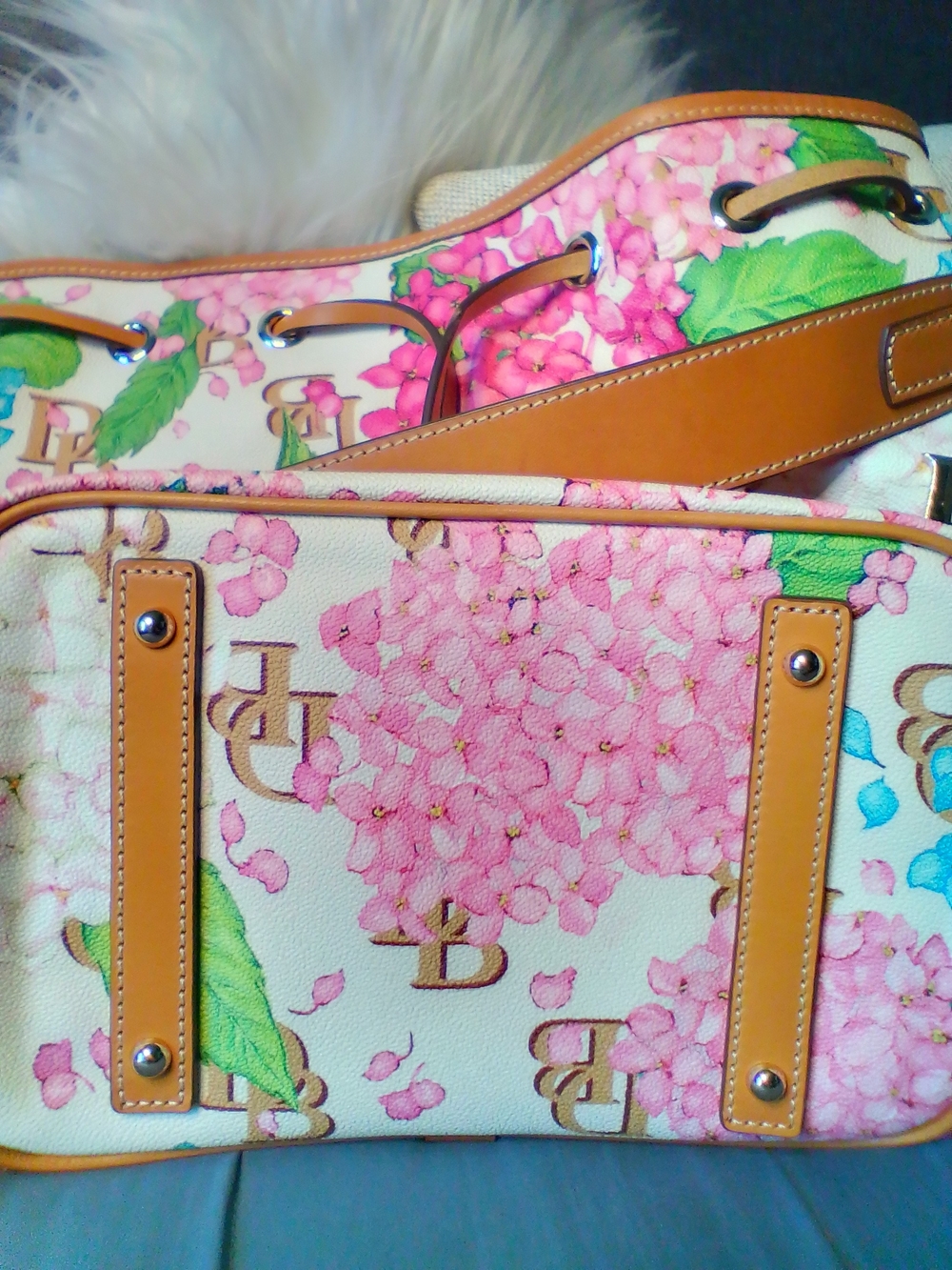Dooney & Bourke Hydrangea Drawstring Bucket Bag in Pink, Teal & Cream - Picture 5 of 14